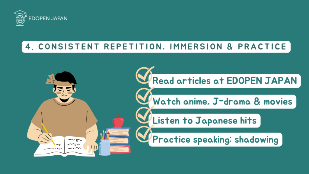 "Consistent repetition, immersion and practice in learning Japanese are the POWERFUL KEY" - EDOPEN JAPAN